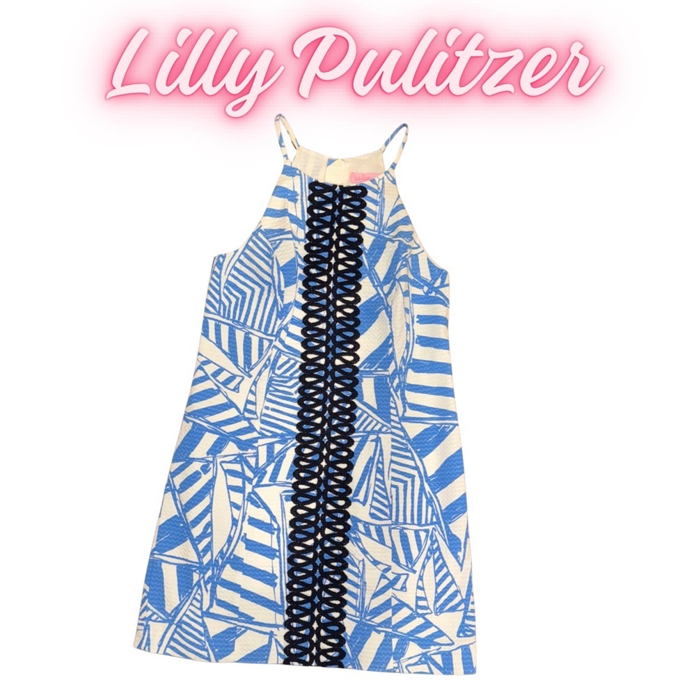 Lilly Pulitzer Size 0 Blue White Geometric Print Dress – Kentucky Derby Outfit - Picture 3 of 8